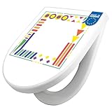 banjado WC Sitz mit Absenkautomatik D Form - Toilettendeckel mit Absenkautomatik D Form - Klodeckel Softclose - stabile Klobrille - Toilettensitz Weiß - Motiv Bunter Rahmen