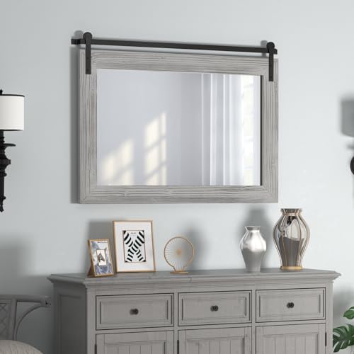 Image of COGOOD Farmhouse Barn Door Mirror - 41 inch x 26 inch Rustic Wood Framed Wall Mirror for Bathroom, Living Room, Entryway Wall Decor (Grey)