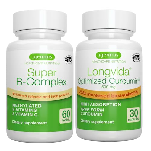 Super B-Complex & Longvida Lipidated Curcumin 500Mg Vegan Bundle, Methylated Sustained Release B Complex With Ultra Bioavailable & Sustained Action Curcumin, By Igennus #TOP27