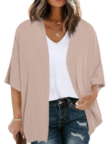 Image of Eytino Women Plus Size Lightweight Cardigan Half Sleeve Ribbed Knit Kimono Cardigans Tops(1X-5X)