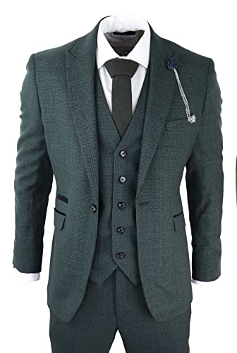 Mens 3 Piece Check Suit Tweed Olive Green Tailored Fit Wedding Peaky Classic4