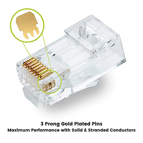 Image of trueCABLE Cat6A Extra Large RJ45 Pass Through Connectors, Staggered, Unshielded (UTP) Modular Plug, UL Listed, EZ Crimp End, Gold Plated 3 Prong 8P8C, 20 Pieces