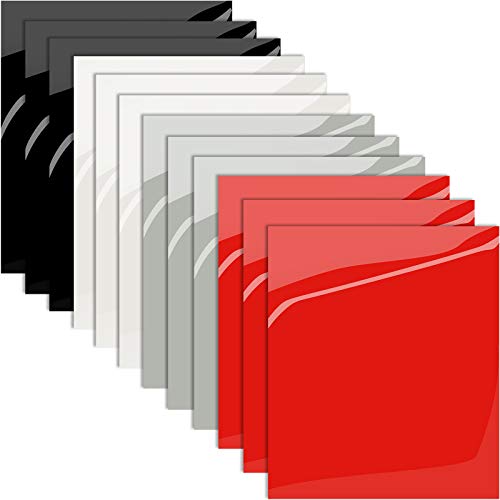 12 Pieces Heat Transfer Vinyl Iron on Vinyl Bundle HTV Heat Transfer Vinyl Sheets for DIY Crafts, T-Shirts, Caps, Pillows and Other Textiles, 10 x 12 Inch (Red, White, Grey, Black)