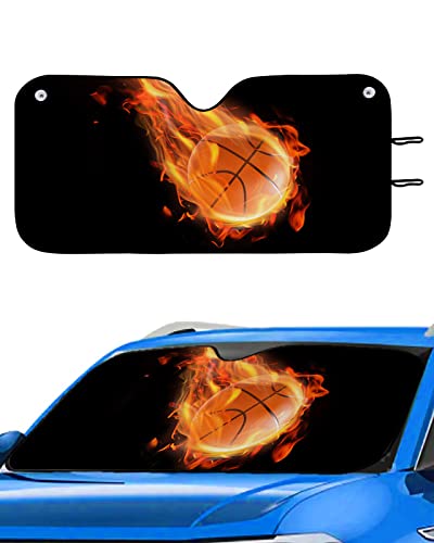 Front Car Windshield Sun Shade 29x51in, Basketball in Fire Flames Sports Theme Foldable Car Sunshade Blocks Sun UV Rays Protector Car Sun Visor Protector Keep Cool Car Sunshade