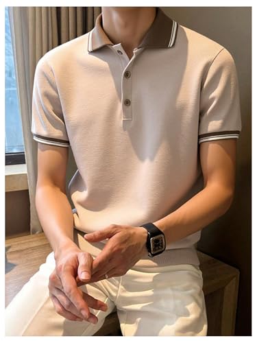 Men's Short Sleeve Golf Sweater Striped Half Button Business Casual Knit Tops3