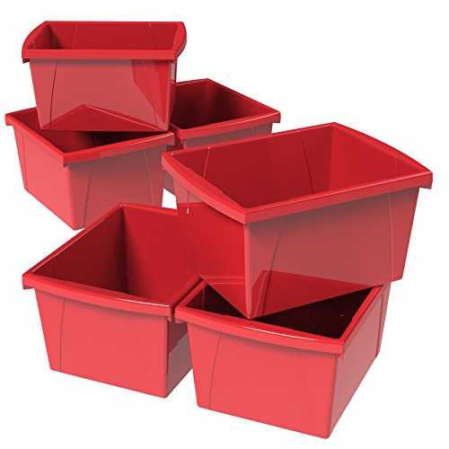 Image of Storex 4 Gallon Storage Bin - Plastic Classroom Organizer for Books and Supplies, Red, 6-Pack (61452C06C)