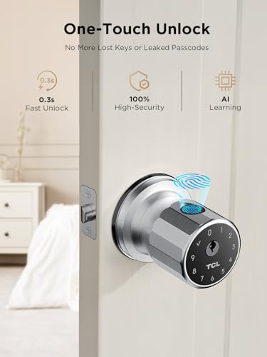 TCL K1 Fingerprint Smart Door Knob, 0.3s Biometric Keyless Entry, 4-in-1 Access with App Control & Passcode, Auto-Lock, Anti-Peep Keypad, 100 Fingerprints, for Bedroom Apartment Airbnb - image 4