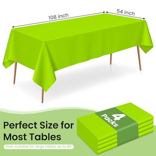 Image of LANLISA 4 Pack Lime Green Plastic Table Cloth Disposable, 54 x 108 Inch Rectangle Tablecloth, Halloween, Summerween Decor, Christmas Decorations Tablecloths, Plastic Cover