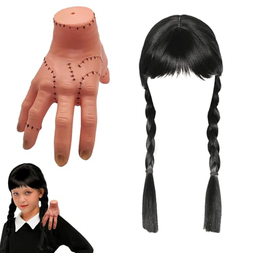 XILEPINGAN Mãos quarta-feira com peruca quarta-feira, mãos addams látex, peruca quarta-feira addams, acessório ideal para decoração de Halloween