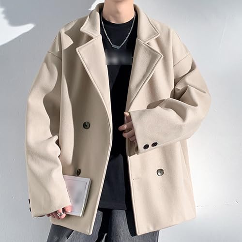 DGKaxiyaHM Men's Short Wool Blend Pea Coat Suit Collar Double Breasted Trench Overcoat Insulated Loose Windproof Jacket (3X-Large,Apricot)3