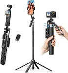 K&F CONCEPT 71" Tripod Compatible with iPhone/Pocket 4/3/ Luna Ultra | Auto Open Phone Tripod with 4 Legs & Stabilizing Handle, 360° Rotation Selfie Stick with Wireless Remote Control A702
