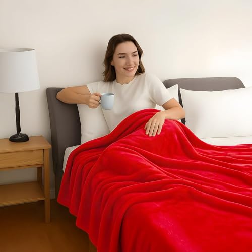 Image of Sands Luxurious 6Pc Bedding Set for Winter, 1 Double Duvet Cover,1 Double Bed bedsheet, 2 Pillow Covers, 2 Round Cushions, Ultra Soft Woollen Bedsheet Set- 90X100 inches (Red)