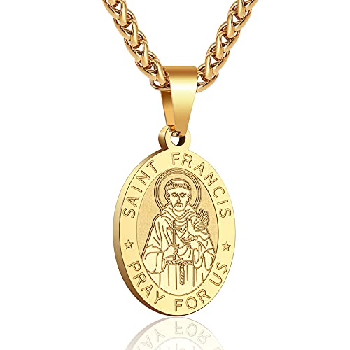 P. BLAKE Oval Saint Christopher/Michael/Joseph/Jude/Virgin Mary/Joseph/Francis/Patrick/Anthony/Benedict/Thomas Necklace for Men Women, Stainless Steel Catholic Patron Pendant with Chain 24 Inches