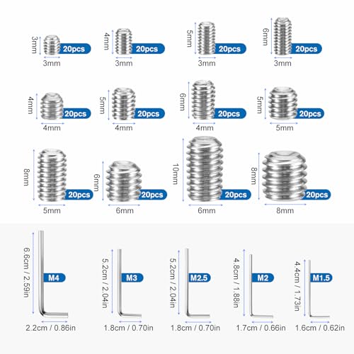 MumdoYAL 240 Stück M3/M4/M5/M6/M8 madenschrauben set ，euroschrauben,madenschrauben türklinke,Edelstahlmaterial，mit 5 Stk. Sechskantschlüsseln