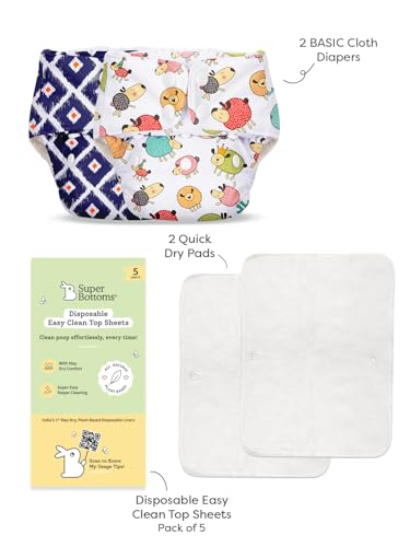 Image of SuperBottoms BASIC Cloth Diaper Combo | 2 Reusable Diapers + 2 UltraThin Dry Pads + 5 Disposable Top Sheets | Adjustable, Washable, Rash-Free & Eco-Friendly for Babies (3M-3Y).