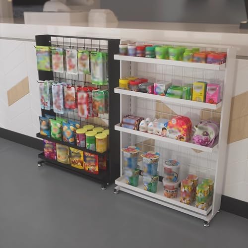 Adjustable Floor-Standing Supermarket Rolling Display Rack - Versatile Storage Shelves for Retail Merchandising, Kitchen Organization, and Easy Product Access