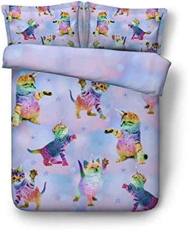 RoyalLinens 3pcs Colorful Rainbow Unicorn Kitten Print Bed Set Kids Girls Full Queen King Size Bedding with 1 Duvet Cover 2 Shams (JF599, Full 3pcs)