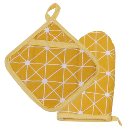 UTHCLO Cotton Linen Heat Insulated Gloves Microwave Oven Mitts Heat Resistant Pads 2 Cushions Yellow Chessboard Design