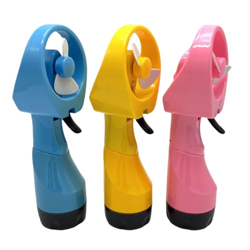 BJPEY ABS Battery Powered Handheld Water Misting Fan Manual Spray Fans for Beach Travel Outdoors 3 Pack (Blue/Yellow/Pink)