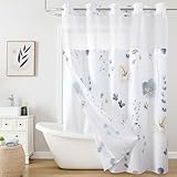 QiyI Flower Shower Curtain with Snap in Fabric Liner, Grey Watercolor Floral Cloth Bath Curtains, No Hook Shower Curtains with Mesh Top Window, Fabric Waterproof Bathroom Curtain Set, 72 x 75 Inch