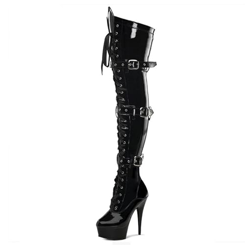 Women's Thigh High Lace-Up Zipper 15CM Stiletto Heel Patent Leather Over The Knee Black Boots for Halloween Costume Cosplay - 8 - Black