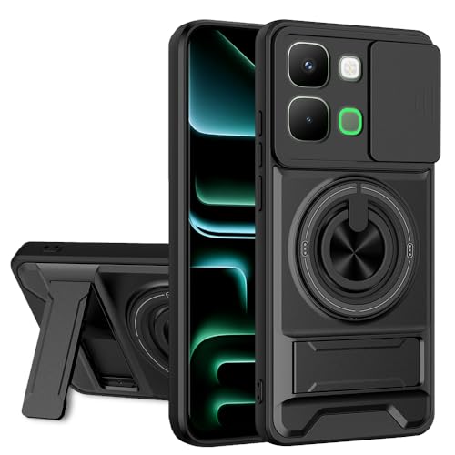 Image of AESTMO Infinix Note Edge 5G Back Cover | Armor Camera Slider 360 Degree Rotating Finger Ring Holder Case with Bracket Stand Back Case Cover (Compatible with MagSafe Accessories) (Black)