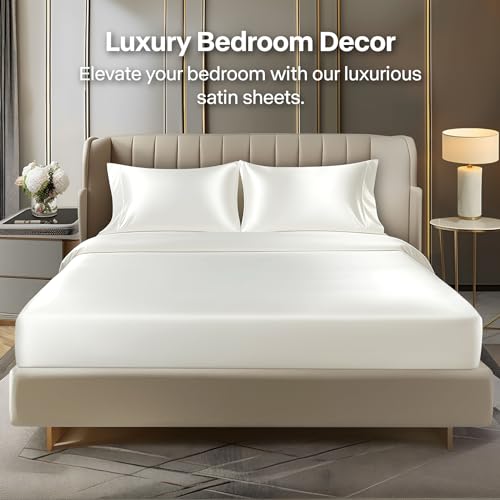 Image of BEDELITE Satin Fitted Sheet & Pillowcase Set, Cal King Size, Ivory, 3-Piece