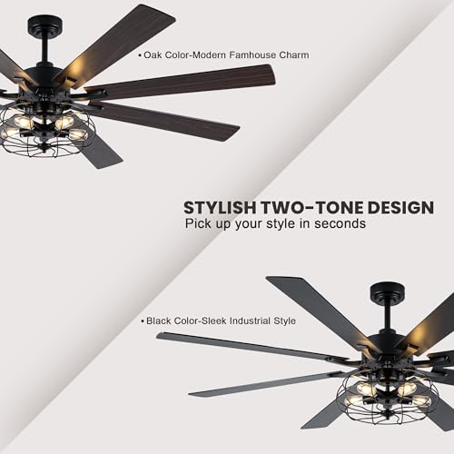 Image of 72 Inch Ceiling Fans with Lights Black Farmhouse Ceiling Fan with Remote for Living Room Large Caged Chandelier Fan 5*E26 Bulbs 6 Speed Reversible Quiet DC Motor Wood Blades (NO Bulbs)