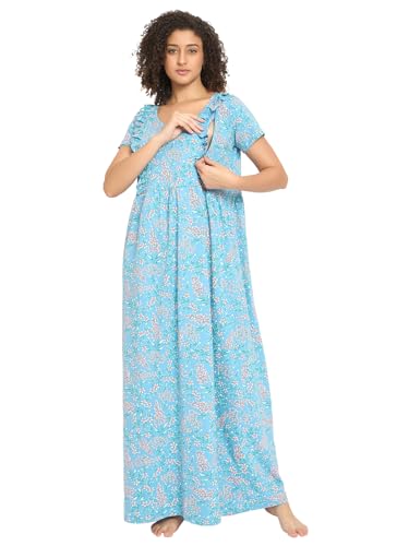 Image of Clovia Women's Rayon Printed Long Night Dress - Blue
