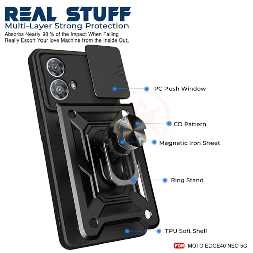 Image of Armor Bumper Back Cover Case for Motorola Moto Edge 40 Neo 5GRotating Camera Cover, Ring Holder & Kickstand | Heavy Duty & 360 Degree Protection Back Cover (Black)