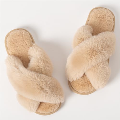Image of Women's Cross Band Fuzzy Slippers Fluffy Open Toe House Slippers