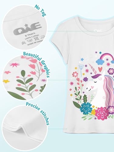 QWE 4 Pieces Girls Shirts Short Sleeve Cotton T-Shirts Graphic Tees Summer Tops Clothes for Girls 5-12 Years3
