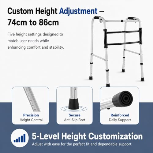 Image of Powder Coating Walker for Senior Citizens | Adjustable Height Adult Walker for Patients | Lightweight & Sturdy Walking Stand for Old People | Foldable Walking Aid for Men & Women - Grey & Black