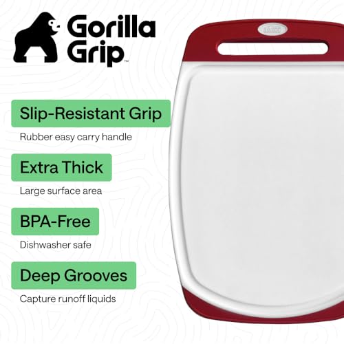 Image of GORILLA GRIP BPA-Free Reversible Kitchen Cutting Board Set of 3, US Designed, Nonporous, Juice Grooves Catch Liquid, Slip Resistant Border, Dishwasher Safe, Durable Large Food Chopping Boards, Red