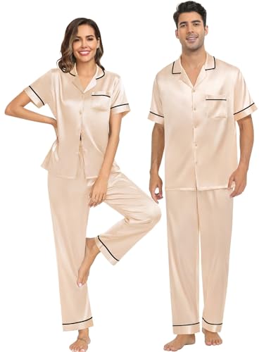 SWOMOG Couple Pajama Sets Silk Satin Sleepwear Short Sleeve and Long Pants Pjs Set Soft Loungewear Classic Pajamas