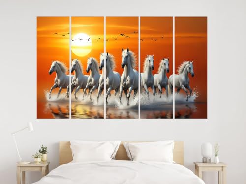 Image of Kyara arts 7 Running Horses Wall Painting for Living Room | Vastu Feng Shui Wall Art | Premium Multi Panel Horse Painting for Home, Office & Hall | Symbol of Success, Prosperity & Positive Energy (50inchx30inch)