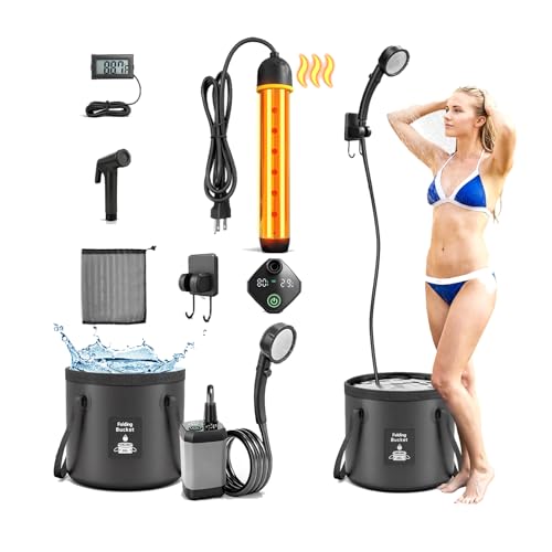 2026 Upgraded Portable Shower with Heater for Camping 6000mAh Rechargeable Camping Shower Pump with LED Display 3 Spray Modes 5 Gal Foldable Bucket Outdoor Shower for Travel RV Pet Bath Car Washing