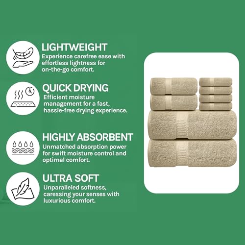 Image of Sulfar 100% Combed Cotton, 8 Pcs Towel Set - 2 Bath Towels (70 x 140 cm), 2 Hand Towels (40 x 70 cm) and 4 Washcloths (30 x 30 cm) (600 GSM, Pack of 8) Beige