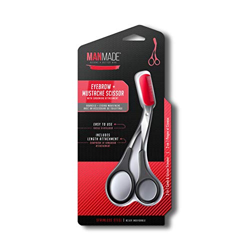 Man Made: Eyebrow + Mustache Scissor, 2 in 1 Comb & Scissor Trimmer, Become a Better Man (Red)