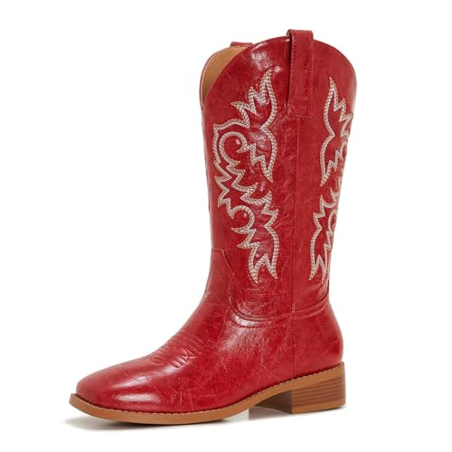 Image of Cowgirl Boots Square Toe Cowboy Boots For Women Ladies Mid Calf Low Heel Flat
