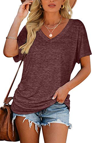 Image of WIHOLL Womens Summer T-Shirts Short Sleeve V Neck Dolman Tops with Side Shirring Loose Fit Shirts Spring Fashion
