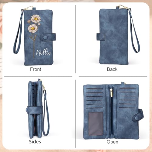 Personalized Wallet for Women, Custom Birth Flower & Name Detachable Leather Wristlet, Stylish Card Holder Purse with Zipper Large Capacity Wallet Mother's Day Gifts for Mom (Sapphire)4