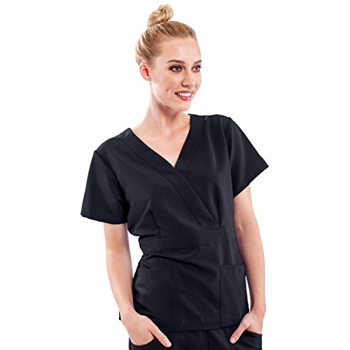 ave Womenâ€™s Medical Scrub Top, Park ave, Slimming Mock Wrap Scrub Shirt, Great for Nurses, Black, Medium