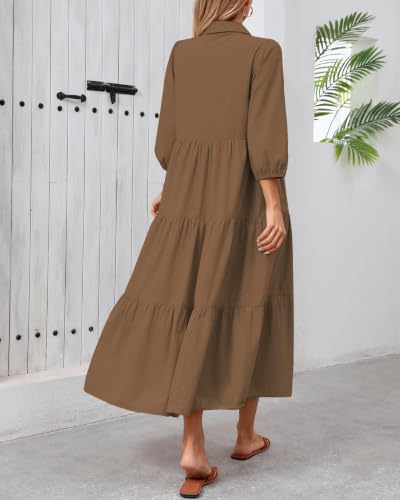 Image of Women Button Down Maxi Shirt Dress Long Sleeve Flowy Tiered Collared Dresses with Pockets