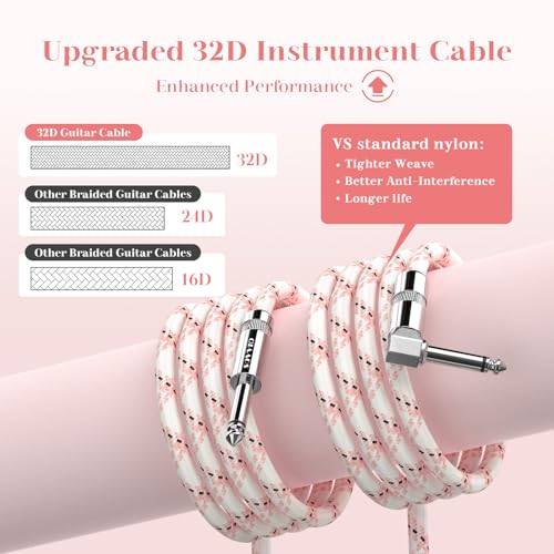 Image of 10FT Instrument Cable - Electric Guitar & Bass Cable with Right Angle 1 /4 Inch Connector - Pink White