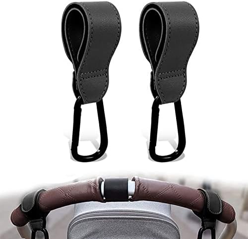 Buggy Clips Carrier, Leather Style Pram Accessories Heavy Duty Stroller Hook Universal Baby Bag Clips Pushchair Hooks for Shopping Bags(Black)