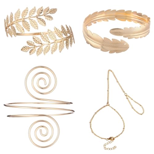 4PCS Gold Arm Cuff & Hand Chain Bracelet Set - 14k Real Gold Plated, Arm Bracelet Upper Arm, Gold Bangles Stack Non Tarnish, Minimalist Armband