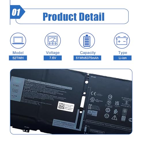 Image of 51Wh 52TWH Laptop Battery Replacement for Dell XPS 13 7390 2-in-1 Series Notebook P103G P103G001 P103G002 MM6M8 XX3T7 0MM6M8 0XX3T7 6375mAh 7.6V 4-Cell