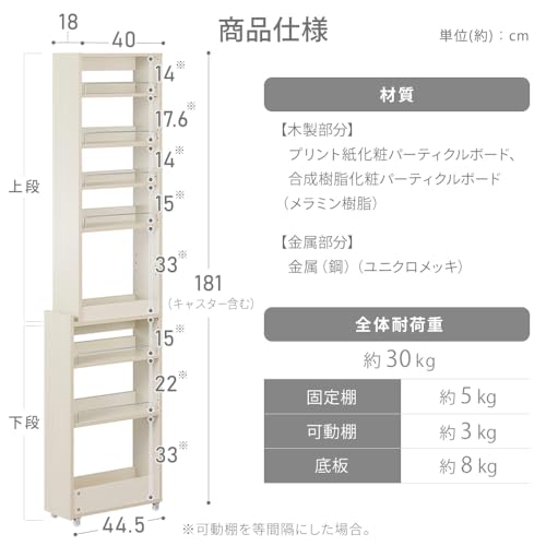 アイリスオーヤマ キッチン隙間収納ラック キッチンワゴン 隙間収納 調味料ラック 収納ワゴン 幅約18×奥行約44.5×高さ約181 KSR-H180 ホワイト