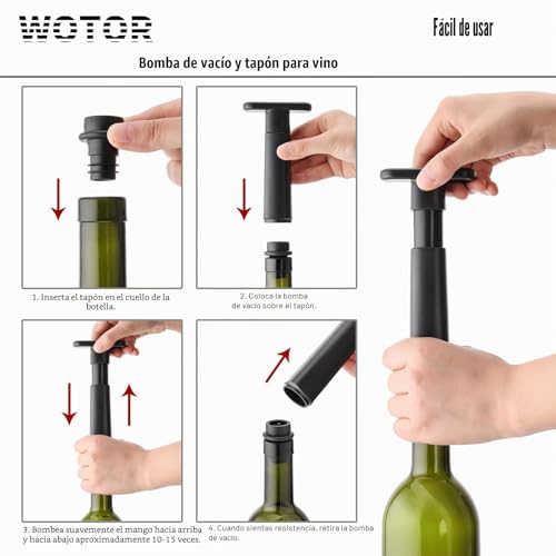 Miniatura 5 de Wotor Bomba De Vacío Wine Saver Con 4 Tapones, Tapón De Vino Y Conservador, Sellador Reutilizable Que Mantiene Fresco